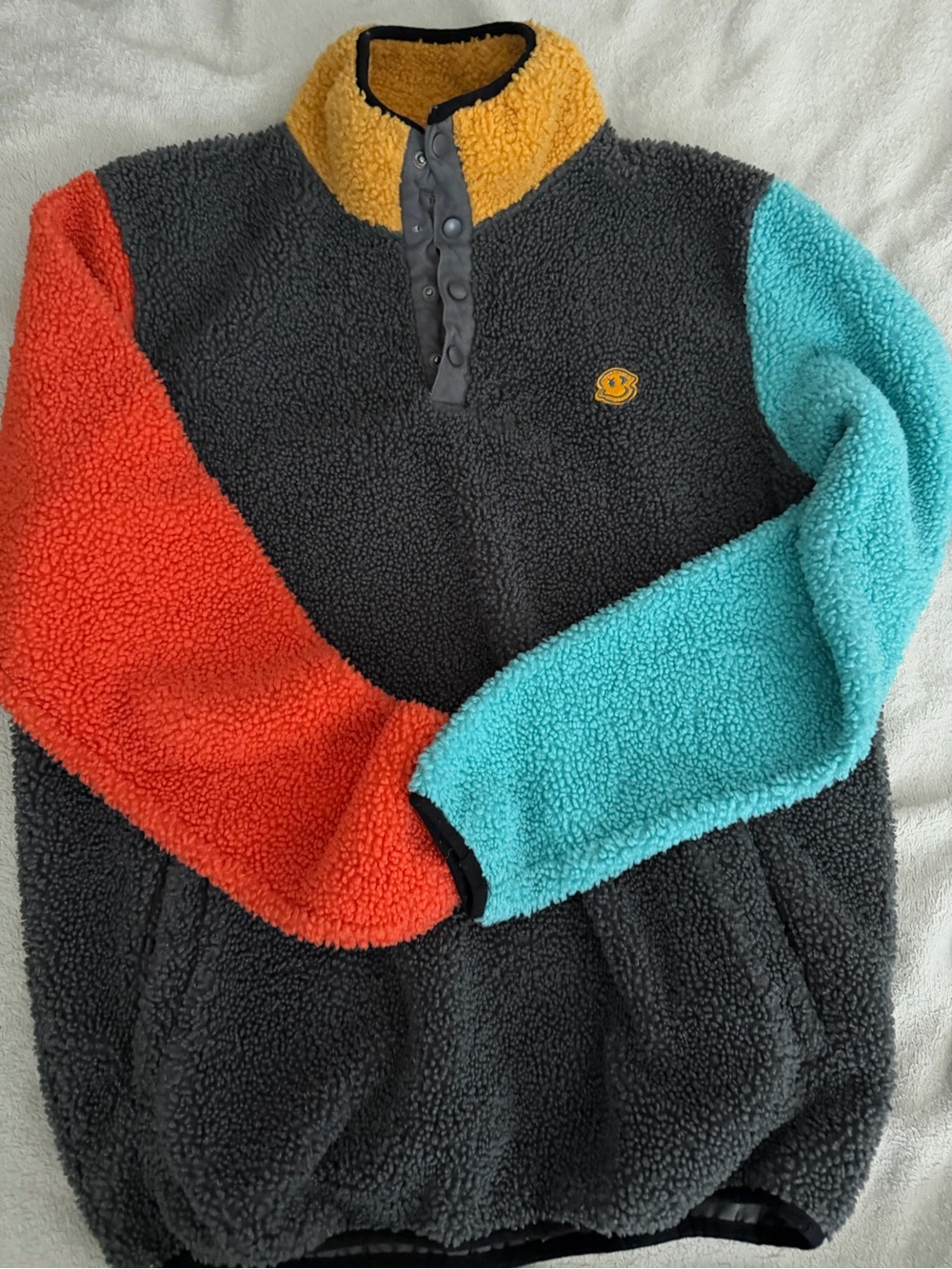 Dutch Bros Colorblock Sherpa Pullover - Charcoal, Teal & Orange